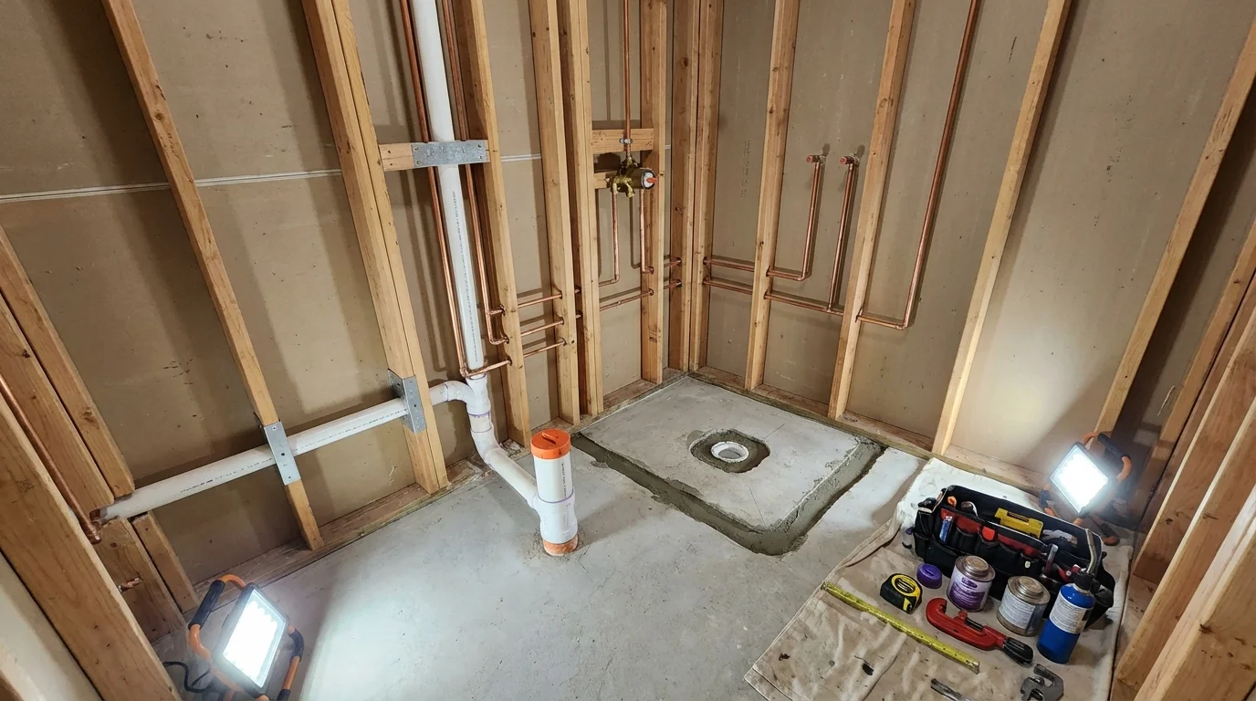 Bathroom rough-in plumbing during remodel by Johns Plumbing LLC in Tsaile