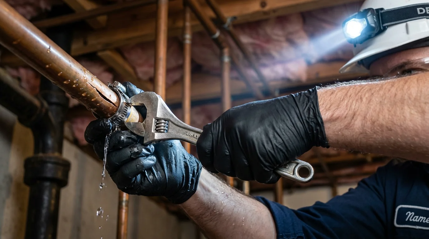 Emergency pipe clamp repair being performed by a Johns Plumbing LLC plumber in Tsaile