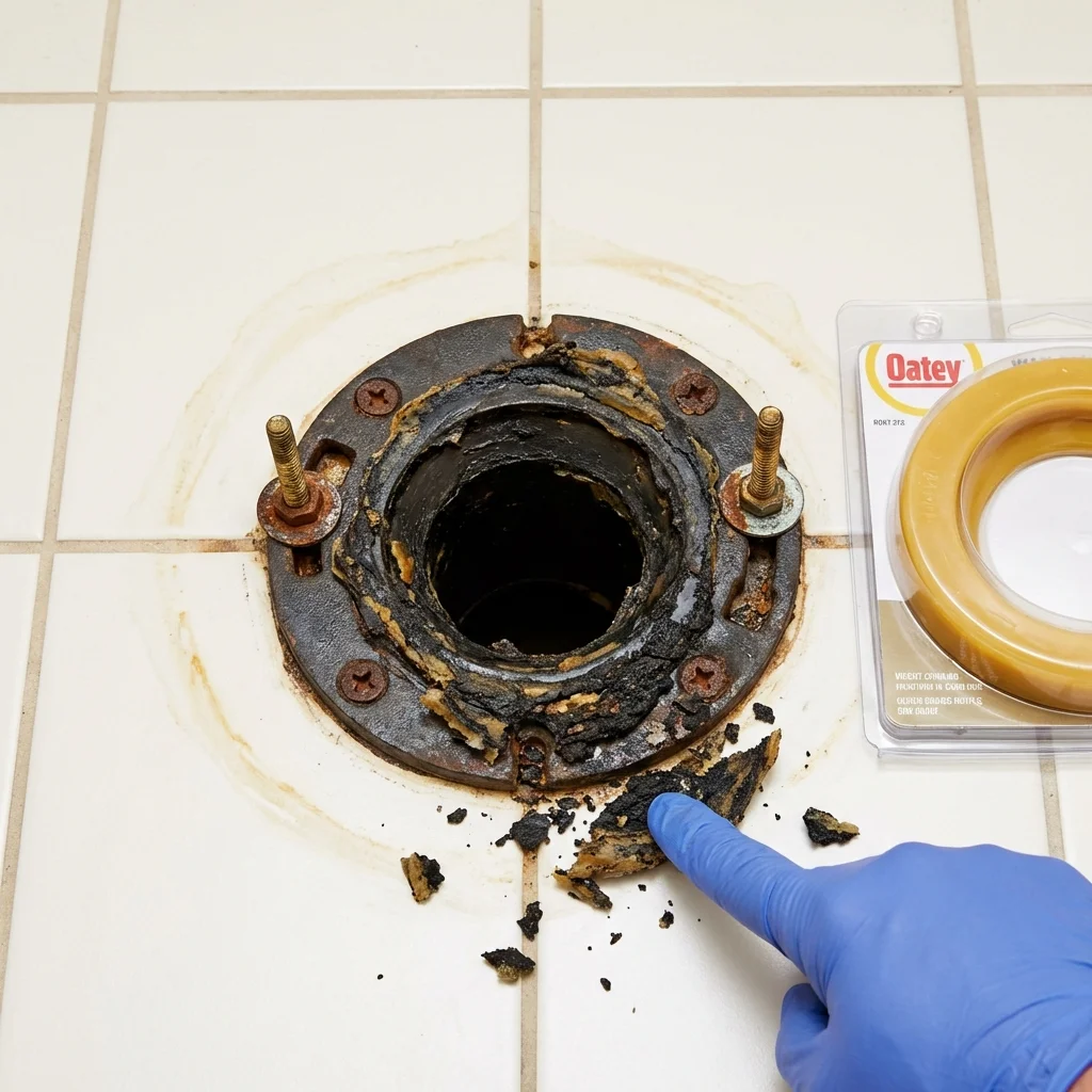 Failed wax ring showing water seepage at the base of a toilet in a Tsaile, AZ home