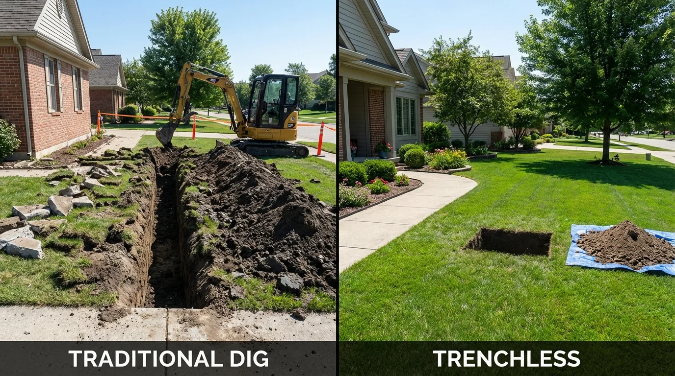 Trenchless sewer repair with minimal yard damage versus traditional excavation in Tsaile, AZ