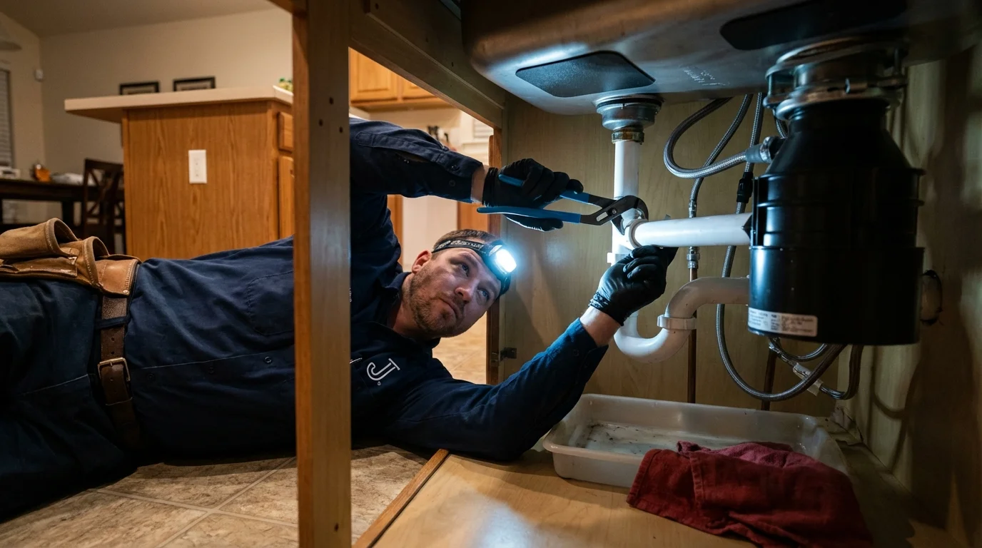 P-trap and supply line connections under a kitchen sink showing a common leak point in Tsaile, AZ